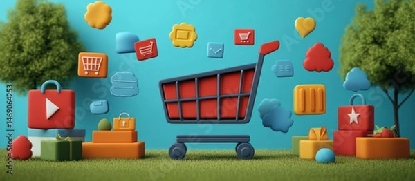 Fototapeta Cute shopping cart with digital icons on a teal background.