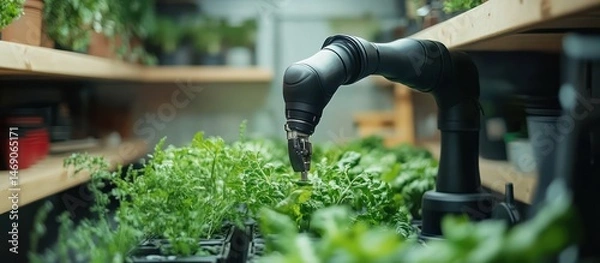 Fototapeta Robotic arm tending to lush green plants in a hydroponic setting.