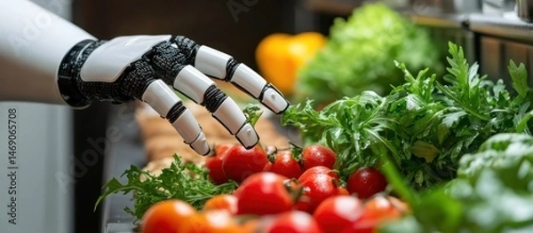 Fototapeta Robotic hand picking fresh tomatoes and greens.