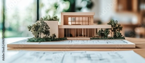 Fototapeta Architectural model of a modern house on blueprints.