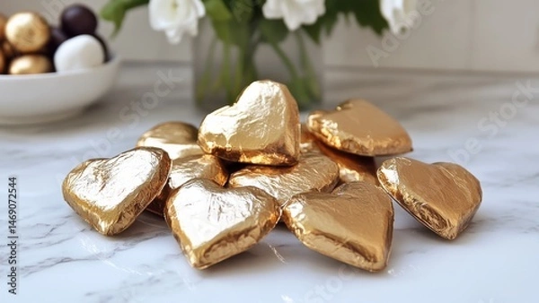Fototapeta Pile of gold foil wrapped heart shape candies on marble surface