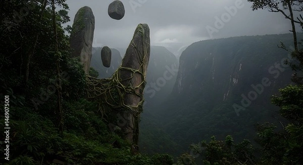 Obraz Rock Formation in Foggy Canyon with Floating Stones in Tropical Forest