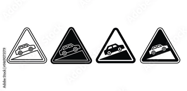 Fototapeta Steep Hill Warning Sign Icons Black and White Triangles Vector Design Illustration