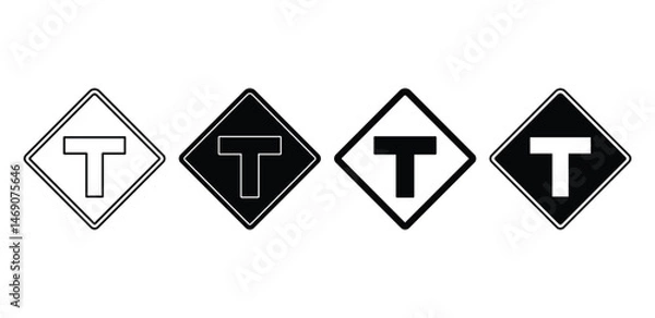 Fototapeta T Intersection Ahead Road Sign Icons Black and White Color Vector Design Illustration