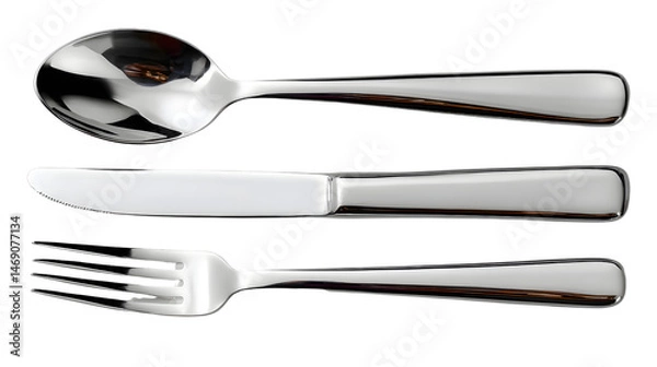 Obraz Flat lay of metallic cutlery spoon, fork, knife with realistic reflections and shadow, isolated on solid. 