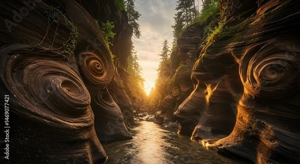 Obraz Scenic Canyon with Rock Formations and Flowing River at Sunset