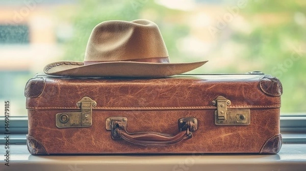 Fototapeta Brown leather suitcase with tan cowboy hat resting quietly at bright terminal window