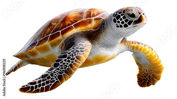 Obraz Sea turtle swimming, top-lit, shell texture highlighted, clean water or plain background. 