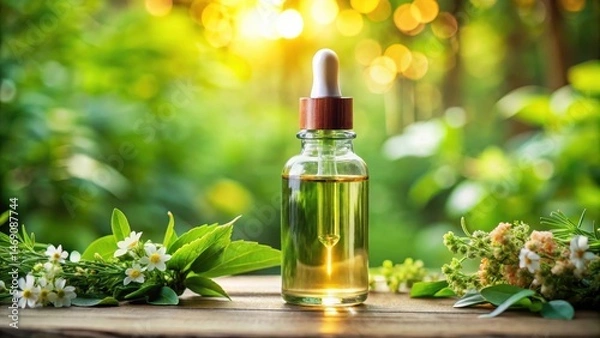 Obraz Aromatic floral extract in a sleek glass bottle with a dropper lid, surrounded by lush greenery and soft natural light, capturing the essence of nature's beauty, herbal extracts, botanical