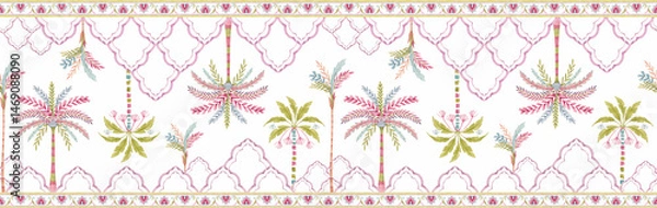 Obraz Seamless Multicolored Watercolor Moroccan Pattern with Stylized Palm Trees and Geometric Texture , Creative Repeat Modern Pattern with Ornamental Design