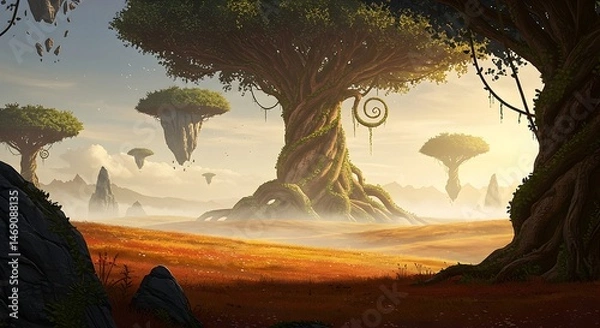 Obraz Surreal Landscape with Large Trees and Floating Islands at Sunrise