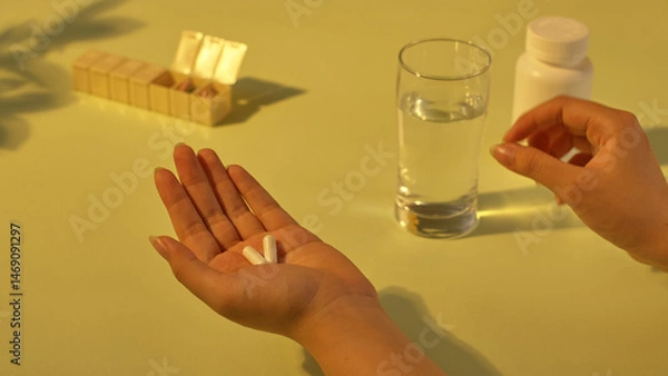 Fototapeta Two vitamin capsules are placed in the palm, with water next to it. The daily personal medicine box is placed far away. The medicine helps to provide nutrients and sleep well. Healthcare concept.
