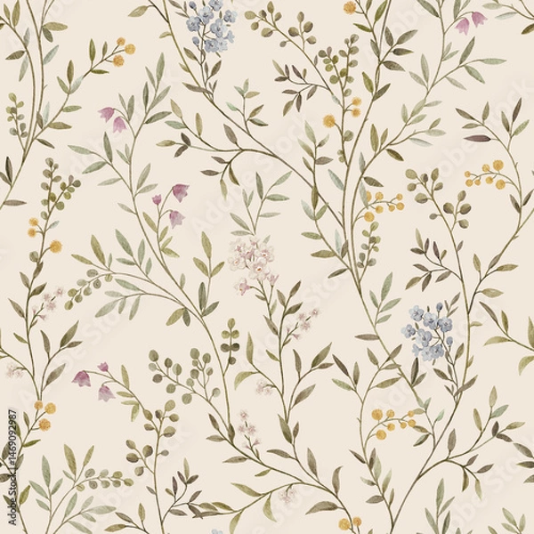 Obraz Seamless pattern with tree branches and leaves for surface design and other design projects. modern trend drawing in line art style. Delicate small leaves in watercolor style