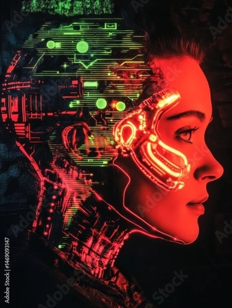Fototapeta A cybernetic portrait of a woman with chrome-plated skin, neon-lit tattoos, and glowing neural implants