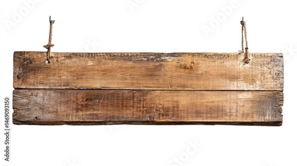 Fototapeta Rustic wooden sign hanging from ropes.  A weathered, light brown plank sign, likely made of reclaimed wood, is suspended by two pieces of twine or rope.  The wood shows signs of age and use