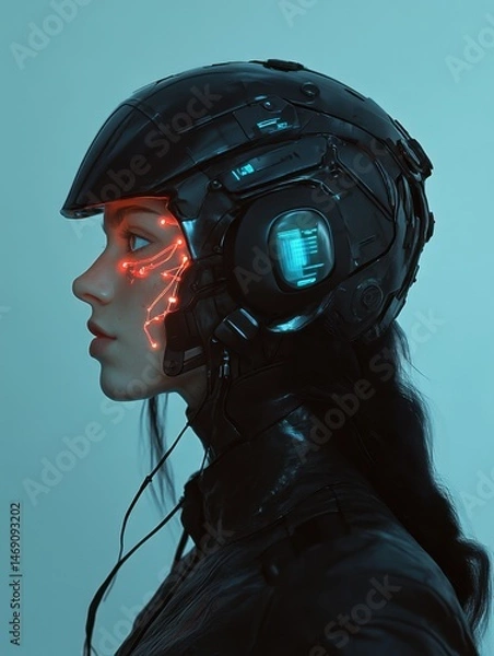 Fototapeta A cybernetic portrait of a woman with glowing veins, digital implants, and a futuristic helmet 