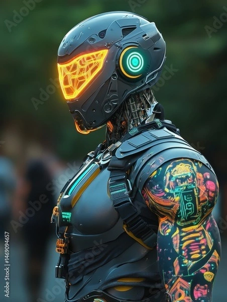 Fototapeta A cyberpunk-inspired cyborg with glowing cybernetic arms, futuristic helmet, and digital tattoos 
