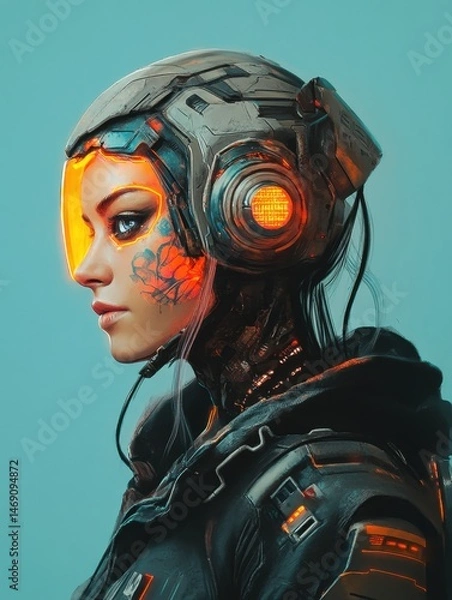 Fototapeta A cyberpunk-inspired woman with glowing tattoos, mechanical limbs, and a high-tech helmet 