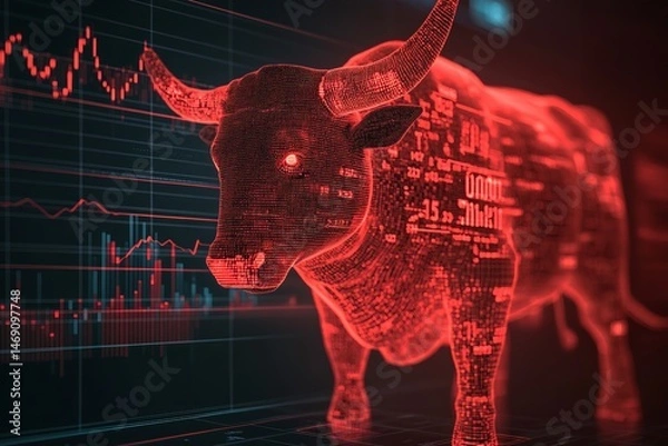 Fototapeta Digital bull representing strong stock market growth and financial optimism in a high-tech environment