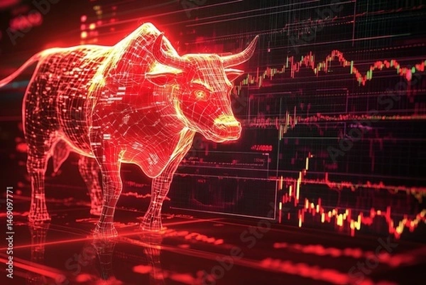 Fototapeta Digital bull representing strong stock market growth and financial optimism in a high-tech environment