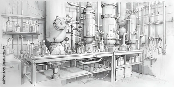 Fototapeta 3d rendered industrial equipment and valves in wireframe design, Vintage Laboratory Sketch: A Detailed Illustration of Scientific Equipment, Historical Science Workspace: An Artistic Depiction 