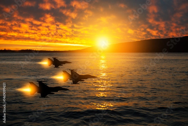 Fototapeta Air Force Day. Aircraft silhouettes on background of sunset on the sea.