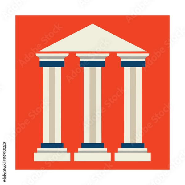 Fototapeta Stylized illustration of a classical building with three columns on a vibrant red background