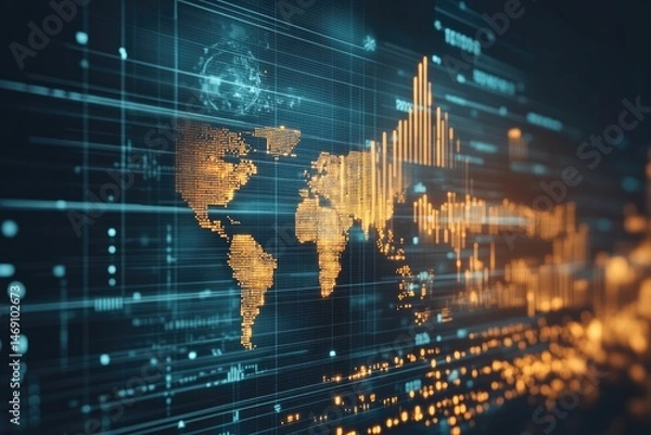 Obraz Global data visualization with abstract world map and financial charts