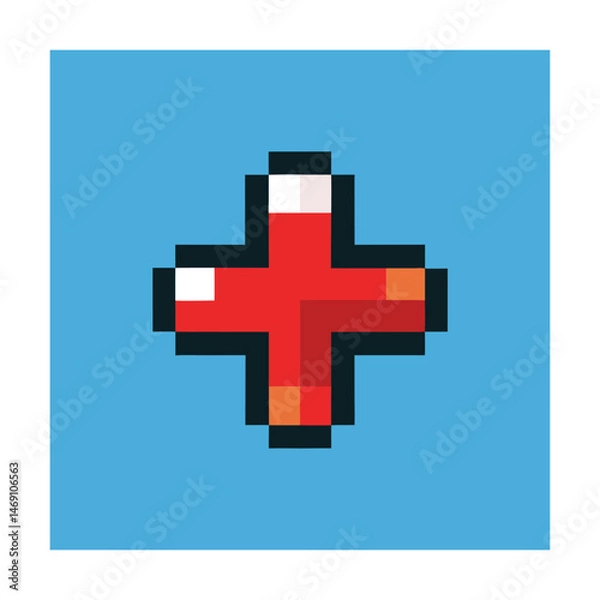 Fototapeta Pixel art red cross symbol on blue background representing medical aid and assistance