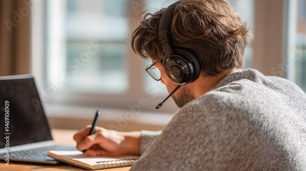 Fototapeta Remote worker with headset taking notes during online meeting