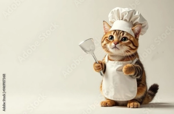 Fototapeta kitten in a chef's hat with a ladle in its paw on a light background with space for text
