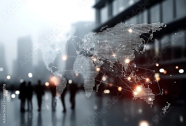 Obraz Global Business Network Illuminated World Map Cityscape Background