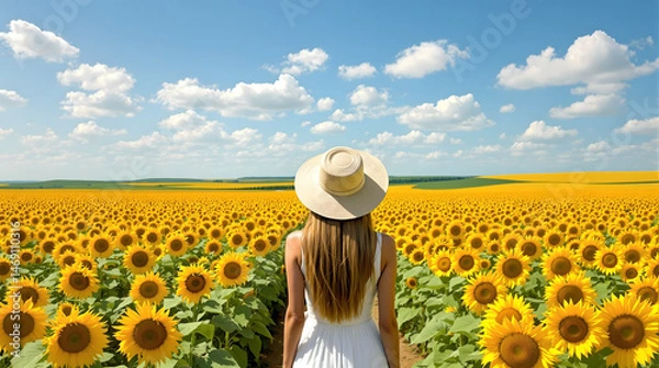 Obraz 広大なヒマワリ畑の間の小道に立つ麦わら帽子で白いワンピースの女性の後ろ姿
