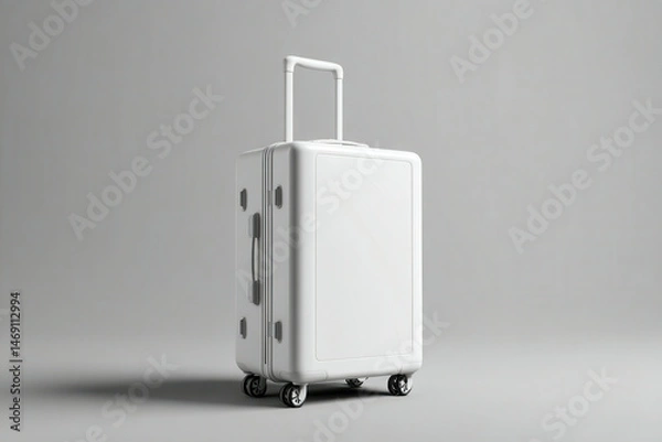 Fototapeta Modern white suitcase on wheels designed for travel and adventure placed against a neutral background