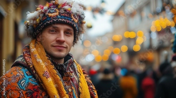 Fototapeta A man wearing a colorful hat and scarf stands in front of a crowd of people. The scene is lively and festive, with the man's bright outfit and the crowd's presence creating a sense of energy