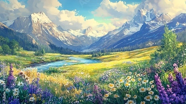 Fototapeta Sunny Alpine Meadow River Landscape.
