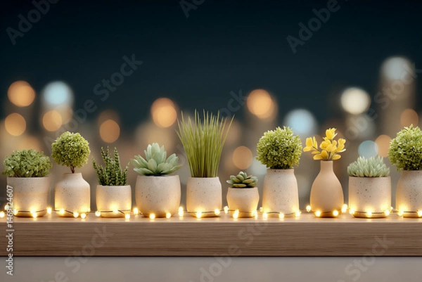 Fototapeta a digital illustration of a cozy city balcony at dusk filled with various potted plants and string lights, with the blurred lights of the urban skyline in the background.