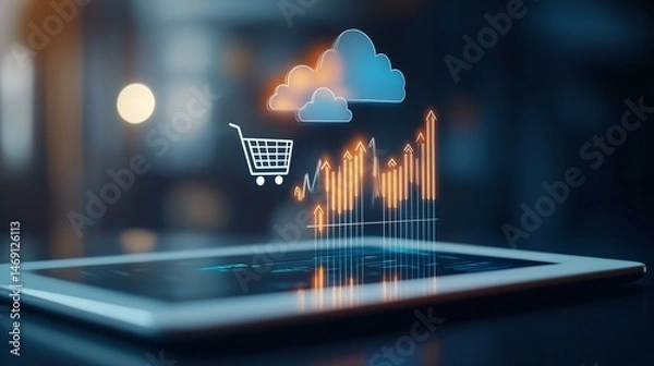 Obraz Close-up of a tablet projecting a crisp line art cart icon with animated SEO keyword clouds rising around it, live price update bars, and customer journey arrows in UI mockup