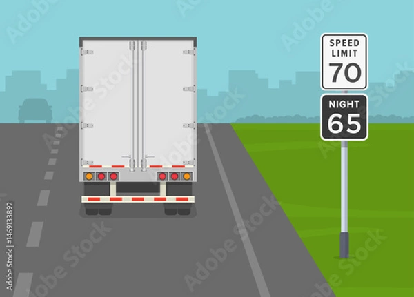 Fototapeta Traffic regulation rules and tips. United States "daytime and nighttime speed limit" road sign area. Back view of a truck on motorway. Flat vector illustration template.
