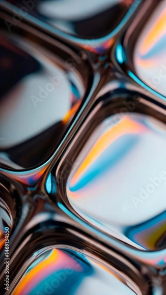 Fototapeta Abstract 3D geometric iridescent holographic background with metal chrome surface with multicolored sheen, reflective glass shape with colored stains.