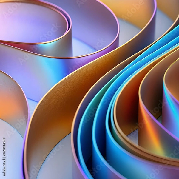 Fototapeta 3D geometric abstract background with colorful shapes, iridescent holographic multicolor foil tape.