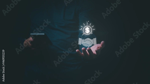 Fototapeta A businessman or trader shows the completion of a trade or business agreement, connection, communication, and exchange in the stock market or digital asset trading, planning, and strategy