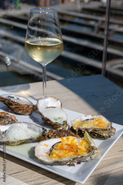 Obraz Eating of fresh Zeeuwse creuse oysters on farm in Yerseke with living harvested oysters, Oosterschelde, Zeeland, Netherlands.Variety of oysters on plate served with glass of white chablis wine.
