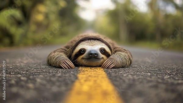 Fototapeta A sloth lies contentedly on a road, paws resting on a yellow line, with blurred greenery in the background