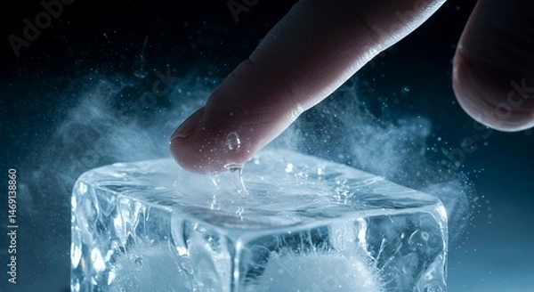 Fototapeta Melting Ice Cube: A Macro Photography of a Finger Touching an Ice Cube, Causing it to Melt and Steam.