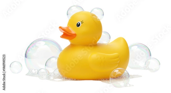 Fototapeta Isolated Yellow Rubber Duck with Bubbles Bath