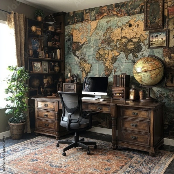 Fototapeta Elegant Home Office with Antique Map, Rich Wooden Furniture, Globe, and Stylish Rug, Creating a Sophisticated Workspace with a Vintage, Travel-Inspired Aesthetic