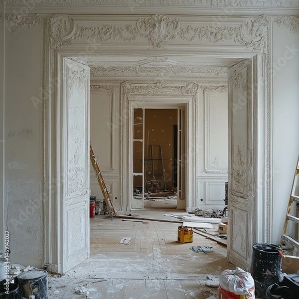 Fototapeta Elegant Interior Renovation: A View Through Ornate Doorways, Revealing Architectural Details and the Ongoing Process of Restoration, with Ladders and Tools.