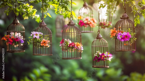 Obraz Colorful flowers arranged in hanging birdcages from tree branches, creative outdoor garden decor.
