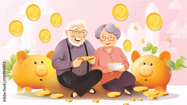 Fototapeta Flat vector illustration of Asian elderly couple saving coins in piggy bank, symbolizing finance and planning.

